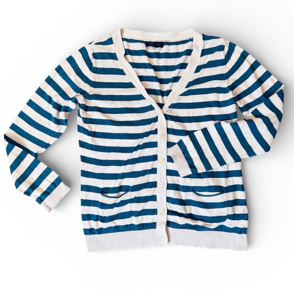 BANANA REPUBLIC teal and white striped lightweight cardigan, size XL